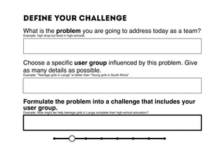 Define your challenge
What is the problem you are going to address today as a team?
Example: high drop-out level in high-schools
Choose a specific user group influenced by this problem. Give
as many details as possible.
Example: “Teenage girls in Langa” is better than “Young girls in South Africa”
Formulate the problem into a challenge that includes your
user group.
Example: How might we help teenage girls in Langa complete their high-school education?
 