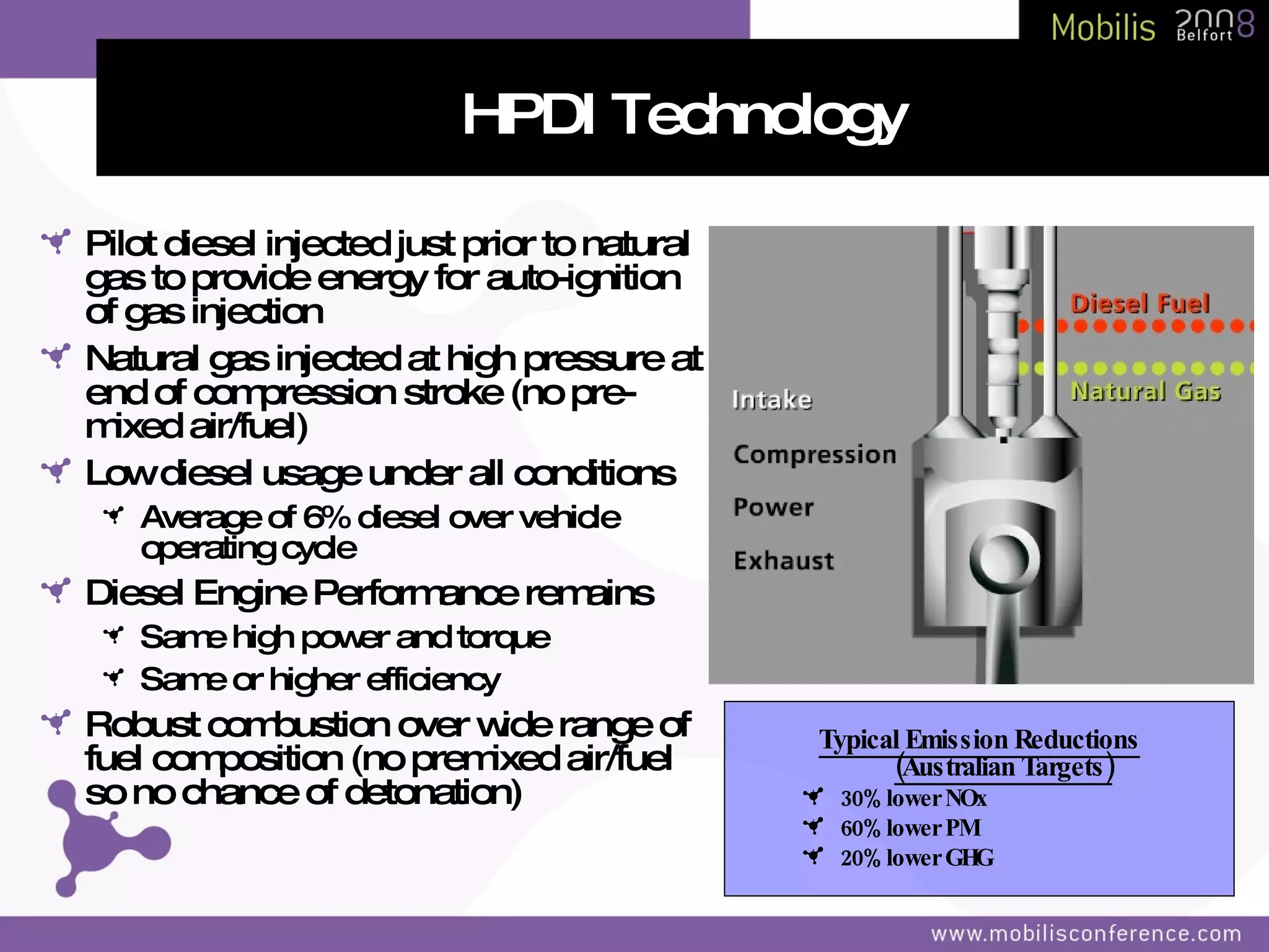 HPDI Technology Pilot diesel injected just prior to natural gas to provide energy for auto-ignition of gas injection Natural gas injected at high pressure at end of compression stroke (no pre-mixed air/fuel) Low diesel usage under all conditions Average of 6% diesel over vehicle operating cycle Diesel Engine Performance remains Same high power and torque Same or higher efficiency Robust combustion over wide range of fuel composition (no premixed air/fuel so no chance of detonation) Typical Emission Reductions (Australian Targets) 30% lower NOx 60% lower PM 20% lower GHG
