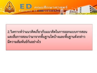 2.วิเคราะห์ว่าแนวคิดเกี่ยวกับแนวคิดในการออกแบบการสอน และสื่อการสอนว่ามาจากพื้นฐานใดบ้างและพื้นฐานดังกล่าว มีความสัมพันธ์กันอย่างไร  