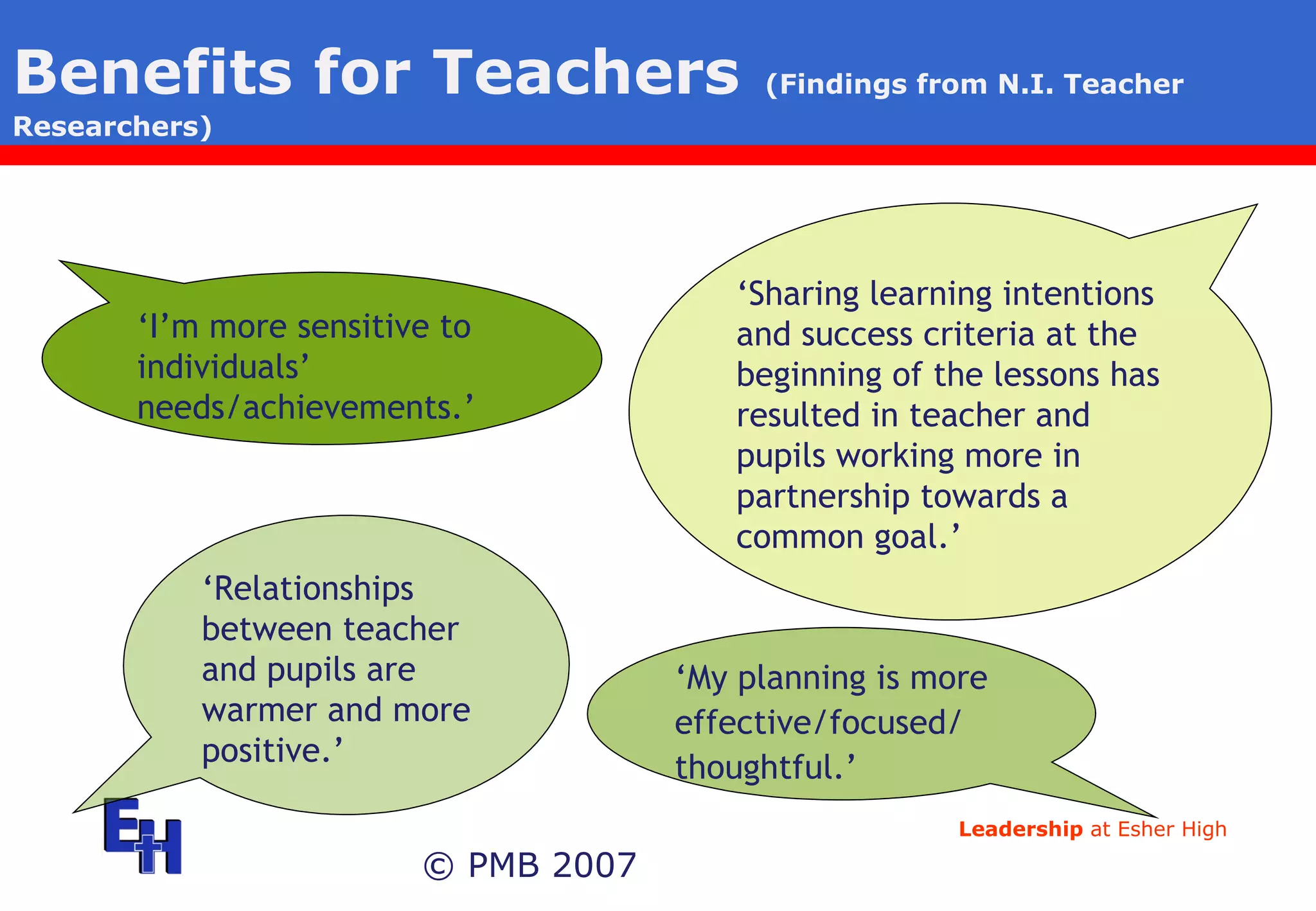 Benefits for Teachers   (Findings from N.I. Teacher Researchers) © PMB 2007 ‘ Sharing learning intentions and success criteria at the beginning of the lessons has resulted in teacher and pupils working more in partnership towards a common goal.’ ‘ I’m more sensitive to individuals’ needs/achievements.’ ‘ Relationships between teacher and pupils are warmer and more positive.’ ‘ My planning is more effective/focused/ thoughtful.’ 