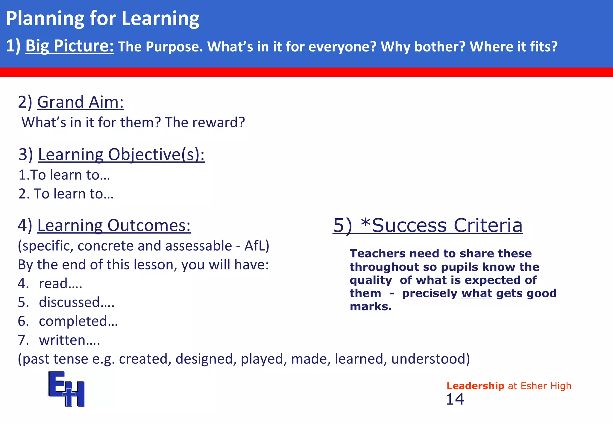 Planning for Learning 1)  Big Picture:  The Purpose. What’s in it for everyone? Why bother? Where it fits? 3)  Learning Objective(s):   1.To learn to… 2. To learn to… 4)  Learning Outcomes:   (specific, concrete and assessable - AfL)  By the end of this lesson, you will have:  read….  discussed….  completed… written…. (past tense e.g. created, designed, played, made, learned, understood) 2)  Grand Aim:   What’s in it for them? The reward? Teachers need to share these throughout so pupils know the quality  of what is expected of them  -  precisely  what  gets good marks. 5) *Success Criteria   
