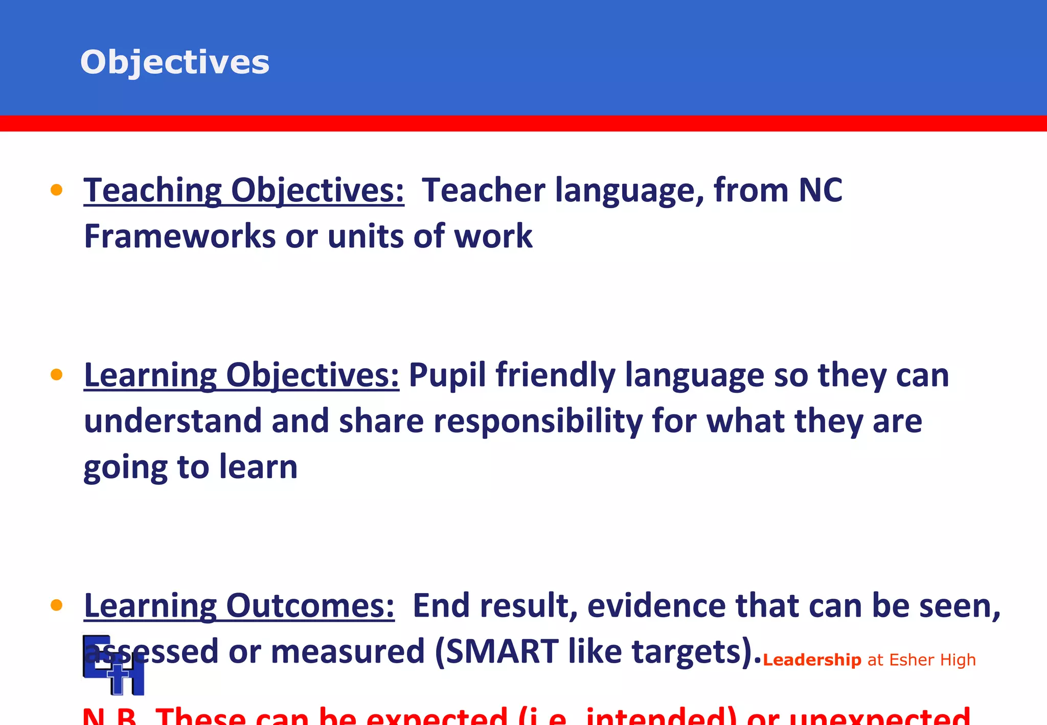 Objectives Teaching Objectives:   Teacher language, from NC Frameworks or units of work Learning Objectives:  Pupil friendly language so they can understand and share responsibility for what they are going to learn Learning Outcomes:   End result, evidence that can be seen, assessed or measured (SMART like targets).  N.B.   These can be expected (i.e. intended) or unexpected. 