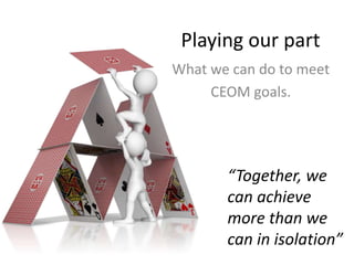 Playing our part
What we can do to meet
CEOM goals.
“Together, we
can achieve
more than we
can in isolation”
 