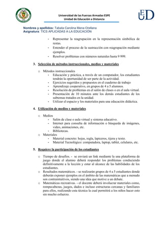 Universidad de las Fuerzas Armadas ESPE
Unidad de Educación a Distancia
Nombres y apellidos: Tabata Carolina Mena Orellana
Asignatura: TICS APLICADAS A LA EDUCACIÓN
- Representar la reagrupación en la representación simbólica de
restas.
- Entender el proceso de la sustracción con reagrupación mediante
ejemplos.
- Resolver problemas con números naturales hasta 9 999.
3. Selección de métodos instruccionales, medios y materiales
o Métodos instruccionales
- Educación y práctica, a través de un computador, los estudiantes
tendrán la oportunidad de ser parte de la actividad.
- Ejercicios sugeridos y propuestos en el cuaderno de trabajo
- Aprendizaje cooperativo, en grupos de 4 a 5 alumnos.
- Resolución de problemas en el salón de clases o en el aula virtual.
- Presentación de 10 minutos ante los demás estudiantes de los
subtemas tratados en la unidad.
- Utilizar el espacio y los materiales para una educación didáctica.
4. Utilización de medios y materiales
o Medios
- Salón de clase o aula virtual y sistema educativo.
- Internet para consulta de información o búsqueda de imágenes,
video, animaciones, etc.
- Bibliotecas.
o Materiales
- Material concreto: hojas, regla, lapiceros, tijera y texto.
- Material Tecnológico: computadora, laptop, tablet, celulares, etc.
5. Requiere la participación de los estudiantes
o Tiempo de desafíos. - se enviará un link mediante la una plataforma de
juego donde el alumno deberá responder los problemas conduciendo
definitivamente a la lección y estar al alcance de las habilidades de los
estudiantes.
o Resultados matemáticos. - se realizarán grupos de 4 a 5 estudiantes donde
deberán exponer ejemplos en el ámbito de las matemáticas que a menudo
son contraintuitivos, siendo una idea que motive a un debate.
o Matemáticas recreativas. - el docente deberá involucrar materiales como,
rompecabezas, juegos, dados e incluso estructuras cercanas y familiares
para ellos, realizando esta técnica la cual permitirá a los niños hacer esto
sin mucho esfuerzo.
 