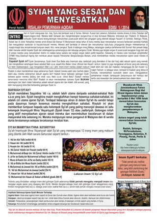SYIAH YANG SESAT DAN
MENYESATKAN
Hari  ini  Syiah  menguasai  Iran,  Iraq,  Syria  dan  bertapak  kuat  di  Yaman,  Bahrain,  Kuwait  dan  Lebanon.  Kehadiran  mereka  dirasai  di  India,  Pakistan  dan  
negara-­negara  Arab.   Mereka   telah   bertapak   dan   mengembangkan   pengaruhnya   di  Asia   termasuk   Malaysia,   Indonesia   dan  Thailand.   Di   Malaysia,  
kumpulan  Syiah  secara  terang-­terangan  menubuhkan  pusat-­pusat  aktiviti  dan  pengajian  (yang  dikenali  sebagai  'hauzah')  di  Gombak,  Selangor,  Perak,  
malah  Fatimah  r.a  sebagai  tuhan,  bertawaf  di  Kaabah  yang  dibina  di  
Karbala,   menambahkan   syahadah   dalam   azan,   menggalakkan  
perkahwinan   mutaah,   bertaqiyyah   (berpura-­pura   dan   menipu)   dan  
seribu  satu  kesesatan  dan  perkara-­perkara  baru  dalam  Islam.
RISALAH  PEMURNIAN  AQIDAH
INTRO
"Individu  yang  dinobatkan    sebagai  Imam  oleh  golongan  Syiah  sebenarnya  tidak  pernah  mengaku  menjadi  imam  atau  
mengajar  segala  ajaran  yang  dipegang  oleh  Syi'ah.  Mereka  diangkat  sebagai  Imam  oleh  golongan  Syiah  sebagaimana  orang  
Kristian  mengangkat  Nabi  Isa  a.s.  sebagai  anak  tuhan  (walhal  Nabi  Isa  a.s.  sendiri  tidak  pernah  mengaku  menjadi  anak  tuhan)."
*Syi`ah  ini  dianuti  secara  meluas  di  Iran  dan  Iraq.  Puak  Hizbullah  di  Lebanon  di  bawah  pimpinan  Hasan  Nasrallah  yang  kini  diangkat  sebagai  pejuang  
Islam  sebenarnya  menganut  fahaman  Syi`ah.  Basyar  al-­Assad  yang  menyembelih  umat  Islam  di  Syria  juga  beragama  Syiah.  
SIAPAKAH SYI‘AH?
Syi'ah mendakwa Sayyidina 'Ali r.a. adalah lebih utama daripada sahabat-­sahabat Nabi
s.a.w yang lain. Syiah menghina malah mengkafirkan hampir kesemua sahabat-­sahabat. Ini
adalah ciri utama ajaran Syi'ah. Terdapat beberapa aliran di dalam Syi'ah itu sendiri tetapi
pada dasarnya hampir kesemua mereka mengkafirkan sahabat. Risalah ini akan
memberikan tumpuan kepada satu kelompok Syi'ah yang paling menonjol dewasa ini iaitu
kelompok Imamiyyah Ithna 'Asyariyyah (Syiah Imam 12) atau Jaafariyah. Golongan inilah
yang aktif menyebarkan ajaran sesat mereka dan menimbulkan kecelaruan di dalam
masyarakat kita sekarang ini. Mereka mempunyai ramai penganut di Malaysia dan di serata
dunia terutamanya selepas tercetusnya revolusi Iran.
SYI‘AH IMAMIYYAH ITHNA ‘ASYARIYYAH
Syi‘ah  Imamiyyah  Ithna  ‘Asyariyyah  ialah  Syi‘ah  yang  mempercayai  12  orang  imam  yang  maksum  
yang  dilantik  oleh  Allah  secara  berturutan  seperti  berikut:-­
1. ‘Ali binAbi Talib (wafat 40 H)
2. Hasan bin ‘Ali (wafat 50 H)
3. Husain bin ‘Ali (wafat 61 H)
4. ‘Ali Zainal ‘Abidin bin Husain (wafat 94 H)
5. Muhammad al-­Baqir bin ‘Ali Zainal ‘Abidin (wafat 117 H)
6. Ja‘far as-­Sadiq bin Muhammad al-­Baqir (wafat 148 H)
7. Musa al-­Kazim bin Ja‘far as-­Sadiq (wafat 183 H)
8. ‘Ali ar-­Ridha bin Musa Kazim (wafat 202 H)
9. Muhammad al-­Jawaad bin ‘Ali ar-­Ridha (wafat 220 H)
10. ‘Ali bin Muhammad al-­Jawaad (wafat 254 H)
11. Hasan bin ‘Ali al-­‘Askari (wafat 260 H)
12. Muhammad bin Hasan al-­‘Askari al-­Mahdi (ghaib 260 H)
Lakaran  Imam  12  Syi`ah
Implikasi  Sekiranya  Ajaran  Syiah  Menular  Terhadap:
Agama  Islam:  Asas-­asas  agama  Islam  seperti  al-­Quran  dan  Sunnah  akan  ditolak.  Agama  Islam  akan  kelihatan  amat  buruk  dan  hodoh.
Kerajaan:  Jatuhnya  kerajaan  seperti  Iraq  dan  Iran.  Umat  Islam  Ahlus  Sunnah  akan  dibunuh,  dizalimi,  dianiayai  dan  didiskriminasi.
Ummah:  Perpecahan,  persengketaan  malah  pembunuhan  akan  berlaku  di  kalangan  ummah  seperti  yang  berlaku  di  Syria.
Keluarga:  Keruntuhan  rumahtangga,  perbalahan  antara  anggota  keluarga  dan  kecelaruan  nasab  keturunan..
Kedah  dan  di  Johor.  Kehadiran  mereka  amat  dirasai  bila  tibanya  10  Muhamaram  setiap  tahun  di  mana  mereka  akan  menyebarkan  rencana  berkenaan  peristiwa  Karbala  
dan   mengadakan   sambutan   di   hauzah-­hauzah   mereka.   Mereka   aktif   berdebat   di   internet   dan   menyebarkan   buku-­buku   propoganda   dengan   meletakkannya   di  
masjid-­masjid  atau  tempat-­tempat  tumpuan  awam.  Kini,  ramai  pengikut    Syiah  di  kalangan  orang  Melayu,  sebahagian  asalnya  berfahaman  Ahli  Sunnah  Wal  Jamaah  tetapi  
telah  menukar  akidah  kepada  Syiah  dan  sebahagiannya  sememangnya  dari  keluarga  penganut  Syiah.  Mereka  juga  bergiat  cergas  di  pusat-­pusat  pengajian  tinggi  dan  ada  
di  antara  mereka  yang  menyebarkan  doktrin  ini  melalui  karya  sastera  dan  bergiat  cergas  dalam  politik  kepartian.  Sekarang  ini  mereka  cuba  mendapat  pengiktirafan  
DYMM  Yang  Dipertuan  Agong  dan  membuat  aduan  kepada  Pertubuhan  Bangsa-­Bangsa  Bersatu  untuk  membolehkan  mereka  menyebarkan  ajaran  sesat  mereka  di  
Malaysia.
Siapakah  Syiah  ini?  Syiah  (terutamanya,  Syiah  Imam  Dua  Belas  atau  Imamiyah  atau  Jaafariyah  yang  diamalkan  di  Iran  dan  Iraq)  ialah  sebuah  ajaran  yang  memaki  
dan  mengkafirkan  sebahagian  besar  sahabat  Nabi  s.a.w.  seperti  Abu  Bakar,  Umar,  Uthman  dan  Aisyah  r.anhum.  Ajaran  ini  juga  mengatakan  al-­Quran  yang  ada  sekarang  
ini  telah  diselewengkan,  juga  mengatakan  Allah  s.w.t.  jahil,  Imam-­imam  mereka  adalah  maksum  malah  lebih  dari  nabi  dan  malaikat,  menganggap  Ali  dan  Husein  r.a.  
Risalah  ini  akan  mendedahkan  siapa  sebenarnya  Syiah.  Adakah  mereka  salah  satu  mazhab  dalam  
Islam   atau   mereka   sebenarnya   sebuah   agama   lain?  Adakah   benar   dakwaan   golongan   Syiah  
bahawa   ajaran   mereka   datang   dari   anak   cucu   Nabi   s.a.w.   (Ahlul   Bait)?   Adakah   mereka  
benar-­benar   mencintai  Ahlul   Bait?   Risalah   ini   akan   mendedahkan   bahawa   Syiah   BUKAN  
sebahagian  dari  Islam  malah  hakikatnya  adalah  sebuah  agama  lain  dan  kitalah,  ahli  sunnah,  yang  
lebih  menyayangi  Ahlul  Bait  berbanding  golongan  Syiah  ini. Muzakarah Khas
Jawatankuasa Fatwa
Kebangsaan Bagi Hal
Ehwal Agama Islam dalam
keputusannya yang
bertarikh 5 Mei 1996 telah
mewartakan kesesatan
Syi‘ah dan
mengharamkan
penyebarannya di
Malaysia.
Antara negeri yang telah
mewartakan kesesatan
Syi‘ah;;
Kedah, Selangor,
W.Persekutuan,
Terengganu, Kelantan, P.
Pinang, Perak, Perlis &
Johor
Rujukan  Lanjut:  
http://www.e-­fatwa.gov.my/fatwa
-­kebangsaan/syiah-­di-­malaysia
EDISI    1  /  2014
Imam Syafi'i berkata:
“Tidak  pernah  aku  melihat  
golongan  yang  menurut  hawa  
nafsu,  yang  lebih  pembohong  dari  
golongan  Rafidhah  (Syiah)."  
(Al-­Kifayah,  halaman  49)
Panji  Syiah
Mangsa  Kekejaman  Syiah  di  Bumi  Syria
  
 