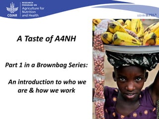 A Taste of A4NH 
Part 1 in a Brownbag Series: 
An introduction to who we are & how we work  
