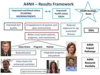 A4NH –Results Framework 
Improved diet quality 
Reduced exposure to ag- associated disease 
Empowerment of women and poor communities 
Better cross-sector policies, programs, and investments 
Improved nutritional status 
STUNTING 
MICRONUTRIENTS 
Improved health status 
DALYs 
IDOs 
Biofortification 
Value chains for enhanced nutritition 
Integrated programs and policies 
Agricultural disease risk 
A4NH 
Research Portfolio 
Value Chains Programs Policies 
A4NH 
Impact Pathways 
CGIAR Strategic 
Goals  
