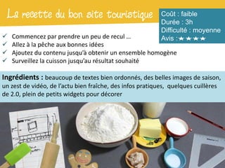 La recette du bon site touristique                        Coût : faible
                                                           Durée : 3h
                                                           Difficulté : moyenne
   Commencez par prendre un peu de recul …                Avis :
   Allez à la pêche aux bonnes idées
   Ajoutez du contenu jusqu’à obtenir un ensemble homogène
   Surveillez la cuisson jusqu’au résultat souhaité

Ingrédients : beaucoup de textes bien ordonnés, des belles images de saison,
un zest de vidéo, de l’actu bien fraîche, des infos pratiques, quelques cuillères
de 2.0, plein de petits widgets pour décorer
 