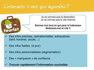 L’internaute, il veut quoi aujourd’hui ?
                           Je ne connais pas la destination
                           Je ne connais pas le site Internet
                                          …
                       Donnez moi tout ce qui peut m’intéresser
                               Séduisez-moi et vite !!


 Des infos précises, opérationnelles, exhaustives
  (tarif, horaires, accès…)

 Des infos fiables (à jour)

 Des infos personnalisées (segmentation)

 Des « marqueurs » de confiance

 Trouver rapidement l’information souhaitée
 