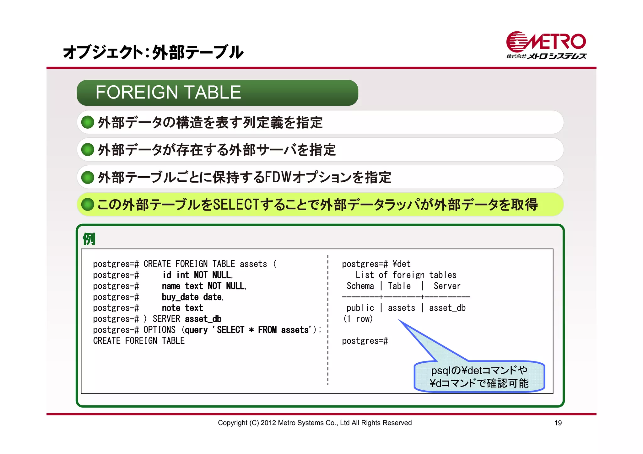 オブジェクト：外部テーブル

  FOREIGN TABLE
     外部データの構造を表す列定義を指定
     外部データが存在する外部サーバを指定

     外部テーブルごとに保持するFDWオプションを指定
     この外部テーブルをSELECTすることで外部データラッパが外部データを取得

 例
  postgres=# CREATE FOREIGN TABLE assets (                          postgres=# ¥det
  postgres-#                NULL,
                 id int NOT NULL                                       List of foreign tables
  postgres-#                   NULL,
                 name text NOT NULL                                  Schema | Table | Server
  postgres-#              date,
                 buy_date date                                      --------+--------+----------
  postgres-#     note text                                           public | assets | asset_db
  postgres-# ) SERVER asset_db                                      (1 row)
  postgres-# OPTIONS (query 'SELECT * FROM assets'
                      query                assets');
  CREATE FOREIGN TABLE                                              postgres=#


                                                                                             psqlの¥detコマンドや
                                                                                             ¥dコマンドで確認可能


                             Copyright (C) 2012 Metro Systems Co., Ltd All Rights Reserved                    19
 
