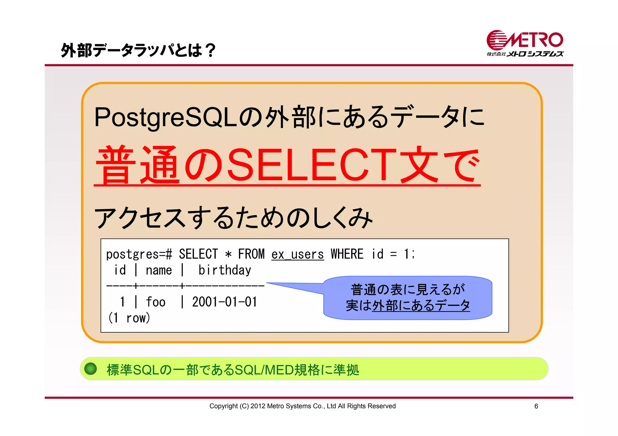 外部データラッパとは？



  PostgreSQLの外部にあるデータに

  普通のSELECT文で
  アクセスするためのしくみ
   postgres=# SELECT * FROM ex_users WHERE id = 1;
    id | name | birthday
   ----+------+------------             普通の表に見えるが
     1 | foo | 2001-01-01              実は外部にあるデータ
   (1 row)


   標準SQLの一部であるSQL/MED規格に準拠

                Copyright (C) 2012 Metro Systems Co., Ltd All Rights Reserved   6
 