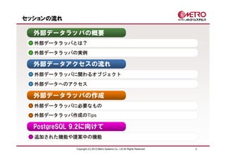 セッションの流れ

  外部データラッパの概要
  外部データラッパとは？
  外部データラッパの実例

  外部データアクセスの流れ
  外部データラッパに関わるオブジェクト
  外部データへのアクセス

  外部データラッパの作成
  外部データラッパに必要なもの
  外部データラッパ作成のTips

  PostgreSQL 9.2に向けて
  追加された機能や提案中の機能

             Copyright (C) 2012 Metro Systems Co., Ltd All Rights Reserved   2
 