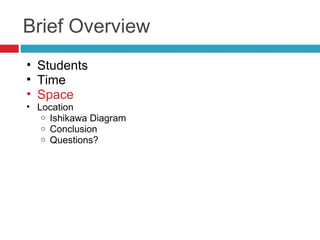 Brief Overview
• Students
• Time
• Space
• Location
o Ishikawa Diagram
o Conclusion
o Questions?