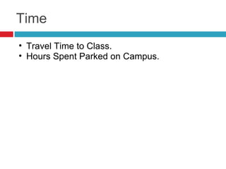Time
• Travel Time to Class.
• Hours Spent Parked on Campus.