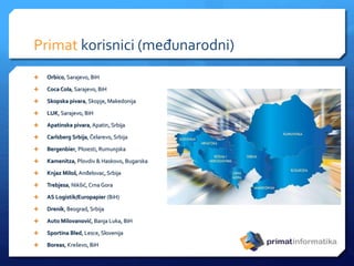 Primat korisnici (međunarodni)
 Orbico, Sarajevo, BiH
 Coca Cola, Sarajevo, BiH
 Skopska pivara, Skopje, Makedonija
 LUK, Sarajevo, BiH
 Apatinska pivara, Apatin, Srbija
 Carlsberg Srbija,Čelarevo, Srbija
 Bergenbier, Ploiesti, Rumunjska
 Kamenitza, Plovdiv & Haskovo, Bugarska
 Knjaz Miloš,Anđelovac, Srbija
 Trebjesa, Nikšić, Crna Gora
 AS Logistik/Europapier (BiH)
 Drenik, Beograd, Srbija
 Auto Milovanović, Banja Luka, BiH
 Sportina Bled, Lesce, Slovenija
 Boreas, Kreševo, BiH
 