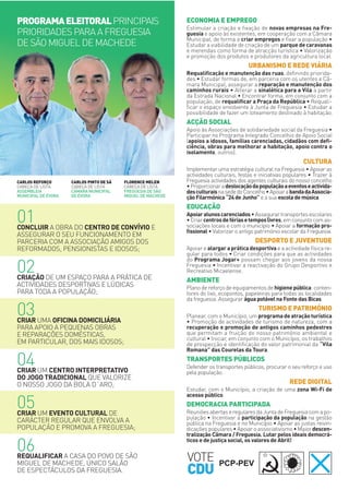 01CONCLUIR A OBRA DO CENTRO DE CONVÍVIO E
ASSEGURAR O SEU FUNCIONAMENTO EM
PARCERIA COM A ASSOCIAÇÃO AMIGOS DOS
REFORMADOS, PENSIONISTAS E IDOSOS;
02CRIAÇÃO DE UM ESPAÇO PARA A PRÁTICA DE
ACTIVIDADES DESPORTIVAS E LÚDICAS
PARA TODA A POPULAÇÃO;
03CRIAR UMA OFICINA DOMICILIÁRIA
PARA APOIO A PEQUENAS OBRAS
E REPARAÇÕES DOMÉSTICAS,
EM PARTICULAR, DOS MAIS IDOSOS;
04CRIAR UM CENTRO INTERPRETATIVO
DO JOGO TRADICIONAL QUE VALORIZE
O NOSSO JOGO DA BOLA D´ARO;
05CRIAR UM EVENTO CULTURAL DE
CARÁCTER REGULAR QUE ENVOLVA A
POPULAÇÃO E PROMOVA A FREGUESIA;
06REQUALIFICAR A CASA DO POVO DE SÃO
MIGUEL DE MACHEDE, ÚNICO SALÃO
DE ESPECTÁCULOS DA FREGUESIA.
CARLOS REFORÇO
CABEÇA DE LISTA
ASSEMBLEIA
MUNICIPAL DE ÉVORA
FLORENCE MELEN
CABEÇA DE LISTA
FREGUESIA DE SÃO
MIGUEL DE MACHEDE
CARLOS PINTO DE SÁ
CABEÇA DE LISTA
CÂMARA MUNICIPAL
DE ÉVORA
ECONOMIA E EMPREGO
Estimular a criação e ﬁxação de novas empresas na Fre-
guesia e apoio às existentes, em cooperação com a Câmara
Municipal, de forma a criar empregos e ﬁxar a população •
Estudar a viabilidade de criação de um parque de caravanas
e merendas como forma de atracção turística • Valorização
e promoção dos produtos e produtores da agricultura local.
URBANISMO E REDE VIÁRIA
Requaliﬁcação e manutenção das ruas, deﬁnindo priorida-
des • Estudar formas de, em parceria com os utentes e Câ-
mara Municipal, assegurar a reparação e manutenção dos
caminhos rurais • Alterar a sinalética para a Vila a partir
da Estrada Nacional • Encontrar forma, em conjunto com a
população, de requaliﬁcar a Praça da República • Requali-
ﬁcar o espaço envolvente à Junta de Freguesia • Estudar a
possibilidade de fazer um loteamento destinado à habitação.
ACÇÃO SOCIAL
Apoio às Associações de solidariedade social da Freguesia •
Participar no Programa Integrado Concelhio de Apoio Social
(apoios a idosos, famílias carenciadas, cidadãos com deﬁ-
ciência, obras para melhorar a habitação, apoio contra o
isolamento, outros).
CULTURA
Implementar uma estratégia cultural na Freguesia • Apoiar as
actividades culturais, festas e iniciativas populares • Trazer à
Freguesia actividades dos agentes culturais do nosso concelho
•Proporcionaradeslocaçãodapopulaçãoaeventoseactivida-
desculturaisnasededoConcelho•ApoiarabandadaAssocia-
çãoFilarmónica“24deJunho” e a sua escolademúsica.
EDUCAÇÃO
Apoiaralunoscarenciados•Assegurartransportesescolares
•Criarcentrosdefériasetemposlivres,emconjuntocomas-
sociações locais e com o município • Apoiar a formação pro-
ﬁssional • Valorizar o antigo património escolar da Freguesia.
DESPORTO E JUVENTUDE
Apoiar e alargar a prática desportiva e a actividade física re-
gular para todos • Criar condições para que as actividades
do Programa Jogar+ possam chegar aos jovens da nossa
Freguesia • Incentivar a reactivação do Grupo Desportivo e
Recreativo Micaelense.
AMBIENTE
Plano de reforço de equipamentos de higienepública: conten-
tores do lixo, ecopontos, papeleiras para todas as localidades
da freguesia. Assegurar água potável na Fonte das Bicas.
TURISMO E PATRIMÓNIO
Planear, com o Município, um programa de atração turística
• Promoção de actividades de turismo de natureza, com a
recuperação e promoção de antigos caminhos pedestres
que permitam a fruição do nosso património ambiental e
cultural • Iniciar, em conjunto com o Município, os trabalhos
de prospecção e identiﬁcação do valor patrimonial da “Vila
Romana” das Courelas da Toura.
TRANSPORTES PÚBLICOS
Defender os transportes públicos, procurar o seu reforço e uso
pela população.
REDE DIGITAL
Estudar, com o Município, a criação de uma zona Wi-Fi de
acesso público.
DEMOCRACIA PARTICIPADA
ReuniõesabertaseregularesdaJuntadeFreguesiacomapo-
pulação • Incentivar a participação da população na gestão
pública na Freguesia e no Município • Apoiar as justas reivin-
dicações populares • Apoiar o associativismo • Maiordescen-
tralização Câmara / Freguesia. Lutar pelos ideais democrá-
ticos e de justiça social, os valores de Abril!
PROGRAMAELEITORALPRINCIPAIS
PRIORIDADES PARA A FREGUESIA
DE SÃO MIGUEL DE MACHEDE
VOTE
CDU
 
