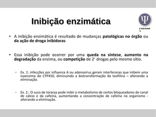 UNIFESSP
A
Inibição enzimáticaInibição enzimática
● A inibição enzimática é resultado de mudanças patológicas no órgão ou
da ação de droga inibidoras
● Essa inibição pode ocorrer por uma queda na síntese, aumento na
degradação da enzima, ou competição de 2+
drogas pelo mesmo sítio.
– Ex. 1: infecções por influenza A ou adenovírus geram interferonas que inibem uma
isoenzima do CYP450, diminuindo a biotransformação da teofilina – alterando a
eliminação.
– Ex. 2.: O suco de toranja pode inibir o metabolismo de certos bloqueadores de canal
de cálcio e da cafeína, aumentando a concentração de cafeína no organismo -
alterando a eliminação.
 