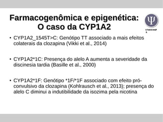 UNIFESSP
A
Farmacogenômica e epigenética:Farmacogenômica e epigenética:
O caso da CYP1A2O caso da CYP1A2
● CYP1A2_1545T>C: Genótipo TT associado a mais efeitos
colaterais da clozapina (Vikki et al., 2014)
● CYP1A2*1C: Presença do alelo A aumenta a severidade da
discinesia tardia (Basille et al., 2000)
● CYP1A2*1F: Genótipo *1F/*1F associado com efeito pró-
convulsivo da clozapina (Kohlrausch et al., 2013); presença do
alelo C diminui a indutibilidade da isozima pela nicotina
 