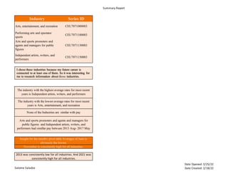 Summary Report
Salome Saladze
Date Opened: 2/25/22
Date Created: 2/18/22
Industry Series ID
Arts, entertainment, and recreation CEU7071000003
Performing arts and spectator
sports
CEU7071100003
Arts and sports promoters and
agents and managers for public
figures
CEU7071130003
Independent artists, writers, and
performers
CEU7071150003
November is consistently high for all industries.
2013 was consistently low for all industries. And 2021 was
sonsistently high for all industries.
The industry with the highest average rates for most recent
years is Independent artists, writers, and performers
The industry with the lowest average rates for most recent
years is Arts, entertainment, and recreation
None of the Industries are similar with pay
Arts and sports promoters and agents and managers for
public figures and Independent artists, writers, and
performers had simillar pay between 2013 Aug- 2017 May
Insight for the month's pivot table Averages of June is
obviously the lowest.
I chose these industries because my future career is
connected to at least one of them. So it was interesting for
me to research information about those industries.
 