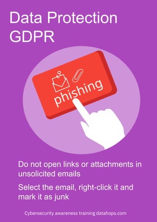 Data Protection
GDPR
Do not open links or attachments in
unsolicited emails
Cybersecurity awareness training datahops.com
Select the email, right-click it and
mark it as junk
phishing
 