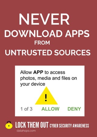 DOWNLOAD APPS
UNTRUSTED SOURCES
NEVER
CYBERSECURITYAWARENESS
datahops.com
LOCK THEMOUT
FROM
Allow APP to access
photos, media and files on
your device
ALLOW DENY
1 of 3
!
 