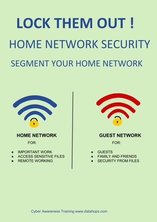 Cyber Awareness Training www.datahops.com
LOCK THEM OUT !
HOME NETWORK SECURITY
SEGMENT YOUR HOME NETWORK
HOME NETWORK GUEST NETWORK
FOR: FOR:
● IMPORTANT WORK
● ACCESS SENSITIVE FILES
● REMOTE WORKING
● GUESTS
● FAMILY AND FRIENDS
● SECURITY FROM FILES
 