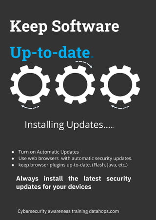 Keep Software
Up-to-date.
● Turn on Automatic Updates
● Use web browsers with automatic security updates.
● keep browser plugins up-to-date. (Flash, Java, etc.)
Always install the latest security
updates for your devices
Installing Updates…..
Cybersecurity awareness training datahops.com
 