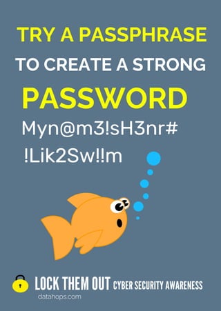 TRY A PASSPHRASE
LOCK THEMOUT
datahops.com
CYBERSECURITYAWARENESS
PASSWORD
TO CREATE A STRONG
Myn@m3!sH3nr#
!Lik2Sw!!m
 