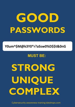 GOOD
PASSWORDS
MUST BE:
Cybersecurity awareness training datahops.com
Y0um^$M@k3Y0*r?aSsw0%D$$t&0nG
STRONG
UNIQUE
COMPLEX
 