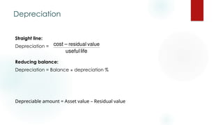 Depreciation
Straight line:
Depreciation =
Reducing balance:
Depreciation = Balance × depreciation %
Depreciable amount = Asset value – Residual value
residual value
cost –
useful life
 