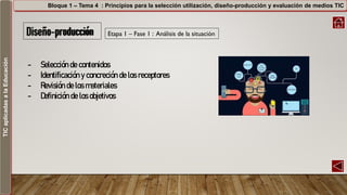 TICaplicadasalaEducación
- Selección de contenidos
- Identificación y concreción de los receptores
- Revisión de los materiales
- Definición de los objetivos
Bloque 1 – Tema 4 : Principios para la selección utilización, diseño-producción y evaluación de medios TIC
Etapa 1 – Fase 1 : Análisis de la situación
 