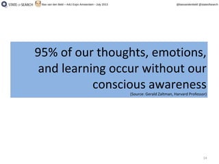 14
@basvandenbeld @stateofsearchBas van den Beld – A4U Expo Amsterdam - July 2013
95% of our thoughts, emotions,
and learning occur without our
conscious awareness
(Source: Gerald Zaltman, Harvard Professor)
95% of our thoughts, emotions,
and learning occur without our
conscious awareness
(Source: Gerald Zaltman, Harvard Professor)
 