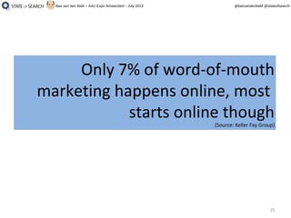 25
@basvandenbeld @stateofsearchBas van den Beld – A4U Expo Amsterdam - July 2013
Only 7% of word-of-mouth
marketing happens online, most
starts online though
(Source: Keller Fay Group)
Only 7% of word-of-mouth
marketing happens online, most
starts online though
(Source: Keller Fay Group)
 