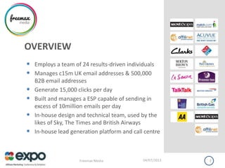 OVERVIEW
• Employs a team of 24 results-driven individuals
• Manages c15m UK email addresses & 500,000
B2B email addresses
• Generate 15,000 clicks per day
• Built and manages a ESP capable of sending in
excess of 10million emails per day
• In-house design and technical team, used by the
likes of Sky, The Times and British Airways
• In-house lead generation platform and call centre
04/07/2013Freemax Media 3
 