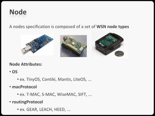 Node
A nodes specification is composed of a set of WSN node types




Node Attributes:
• OS
   • ex. TinyOS, Contiki, Mantis, LiteOS, ...
• macProtocol
   • ex. T-MAC, S-MAC, WiseMAC, SIFT, ...
• routingProtocol
   • ex. GEAR, LEACH, HEED, ...
 