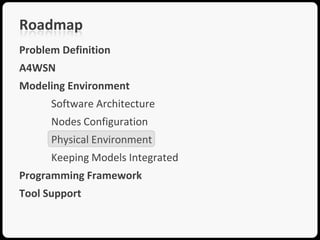 Roadmap
Problem Definition
A4WSN
Modeling Environment
      Software Architecture
      Nodes Configuration
      Physical Environment
      Keeping Models Integrated
Programming Framework
Tool Support
 