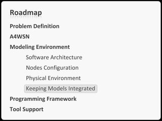 Roadmap
Problem Definition
A4WSN
Modeling Environment
     Software Architecture
     Nodes Configuration
     Physical Environment
     Keeping Models Integrated
Programming Framework
Tool Support
 