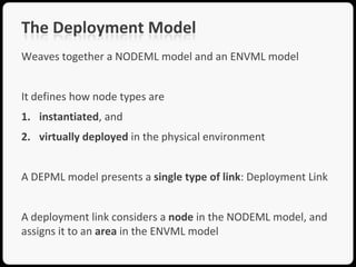 The Deployment Model
Weaves together a NODEML model and an ENVML model


It defines how node types are
1. instantiated, and
2. virtually deployed in the physical environment


A DEPML model presents a single type of link: Deployment Link


A deployment link considers a node in the NODEML model, and
assigns it to an area in the ENVML model
 