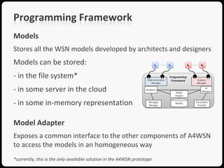 Programming Framework
Models
Stores all the WSN models developed by architects and designers
Models can be stored:
- in the file system*
- in some server in the cloud
- in some in-memory representation

Model Adapter
Exposes a common interface to the other components of A4WSN
to access the models in an homogeneous way
*currently, this is the only available solution in the A4WSN prototype
 