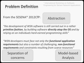 * International Workshop on Software
                                   Engineering for Sensor Network Applications
 Problem Definition

From the SESENA* 2012CfP:              Abstraction

“the development of WSN software is still carried out in a rather
primitive fashion, by building software directly atop the OS and by
relying on an individuals hard-earned programming skills”

“WSN developers must face not only the functional application
requirements but also a number of challenging, non-functional
requirements and constraints resulting from scarce resources”

   Separation of                                    Model-based
     concerns                                        Analysis
 