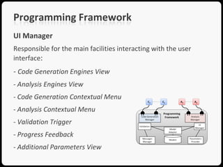 Programming Framework
UI Manager
Responsible for the main facilities interacting with the user
interface:
- Code Generation Engines View
- Analysis Engines View
- Code Generation Contextual Menu
- Analysis Contextual Menu
- Validation Trigger
- Progress Feedback
- Additional Parameters View
 