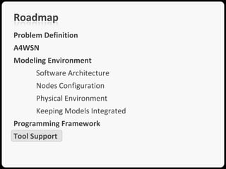 Roadmap
Problem Definition
A4WSN
Modeling Environment
      Software Architecture
      Nodes Configuration
      Physical Environment
      Keeping Models Integrated
Programming Framework
Tool Support
 