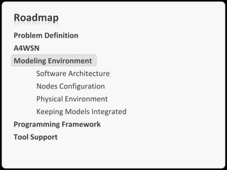 Roadmap
Problem Definition
A4WSN
Modeling Environment
      Software Architecture
      Nodes Configuration
      Physical Environment
      Keeping Models Integrated
Programming Framework
Tool Support
 
