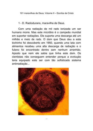 101 maravilhas de Deus, Volume II – Escriba de Cristo
1 - D. Radiodurans, maravilha de Deus.
Com uma radiação de mil rads ionizada um ser
humano morre. Mas este micróbio é o campeão mundial
em suportar radiações. Ele suporta uma descarga até um
milhão e meio de rads. O dom que Deus deu a este
bichinho foi descoberto em 1950, quando uma lata com
alimentos recebeu uma alta descarga de radiação e o
fulano foi encontrado dentro sem nenhum arranhão.
Aposto que nem ele sabia que tinha este dom. Os
cientistas não conseguem entender porque a evolução
teria equipado este ser com tão sofisticado sistema
antirradiação...
12
 