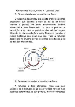 101 maravilhas de Deus, Volume II – Escriba de Cristo
2 - Ritmos circadianos, maravilhas de Deus.
O Altíssimo determinou dia e noite criando os ritmos
circadianos que significa o ciclo do dia de 24 horas.
Animais e plantas têm seus metabolismos também
influenciados pelo fotoperíodo, ou seja, o período de
exposição a luz. Até as proteínas das células reagem
diferente de dia em relação a noite. Devemos respeitar o
relógio biológico que Deus nos deu. Toda a natureza
desacelera no inverno devido os ritmos circadianos, pois
os dias são mais curtos.
3 - Sementes redondas, maravilhas de Deus.
A natureza é toda planejada, nada está sem
utilidade, se a evolução cega fosse verdade haveria mais
espécies deformadas do que perfeita, mas a escandalosa
13
 