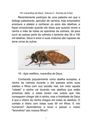 101 maravilhas de Deus, Volume II – Escriba de Cristo
Recentemente participei de uma palestra em que o
biólogo palestrante, apicultor de carreira, hoje empresário
ensinava a plateia a conhecer os sons das abelhas, e
fiquei emocionado quando ele disse que quando morre a
rainha e mãe de todas as operárias da colmeia, dá para
ouvir ao passar perto da colmeia o lamento das 50 a 100
mil abelhas. Deus é amor e suas criaturas são capazes de
amar umas às outras.
10 - Apis melífera, maravilha de Deus.
Conhecida popularmente como abelha europeia, a
rainha da colmeia durante o dia passeia entre suas
súbitas e filhas com sua escolta real, em meio aquela
"cidade" a rainha vai tocando nas abelhas que estão
próximas dela, e estas tocam nas outras que não
conseguem chegar até à rainha, mas a finalidade de Deus
é que o cheiro da rainha chegue em todas as abelhas. O
contato é diário com todas suas 50 mil filhas. E nós
humanos? Aprendemos a tocar e passar o nosso
"feromônio" aos nossos filhos?
19
 