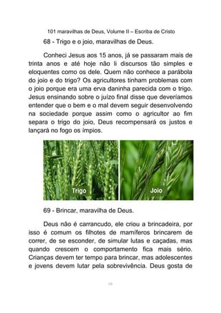 101 maravilhas de Deus, Volume II – Escriba de Cristo
68 - Trigo e o joio, maravilhas de Deus.
Conheci Jesus aos 15 anos, já se passaram mais de
trinta anos e até hoje não li discursos tão simples e
eloquentes como os dele. Quem não conhece a parábola
do joio e do trigo? Os agricultores tinham problemas com
o joio porque era uma erva daninha parecida com o trigo.
Jesus ensinando sobre o juízo final disse que deveríamos
entender que o bem e o mal devem seguir desenvolvendo
na sociedade porque assim como o agricultor ao fim
separa o trigo do joio, Deus recompensará os justos e
lançará no fogo os ímpios.
69 - Brincar, maravilha de Deus.
Deus não é carrancudo, ele criou a brincadeira, por
isso é comum os filhotes de mamíferos brincarem de
correr, de se esconder, de simular lutas e caçadas, mas
quando crescem o comportamento fica mais sério.
Crianças devem ter tempo para brincar, mas adolescentes
e jovens devem lutar pela sobrevivência. Deus gosta de
68
 