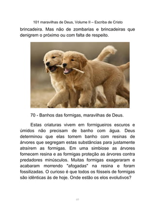 101 maravilhas de Deus, Volume II – Escriba de Cristo
brincadeira. Mas não de zombarias e brincadeiras que
denigrem o próximo ou com falta de respeito.
70 - Banhos das formigas, maravilhas de Deus.
Estas criaturas vivem em formigueiros escuros e
úmidos não precisam de banho com água. Deus
determinou que elas tomem banho com resinas de
árvores que segregam estas substâncias para justamente
atraírem as formigas. Em uma simbiose as árvores
fornecem resina e as formigas proteção as árvores contra
predadores minúsculos. Muitas formigas exageraram e
acabaram morrendo "afogadas" na resina e foram
fossilizadas. O curioso é que todos os fósseis de formigas
são idênticas às de hoje. Onde estão os elos evolutivos?
69
 