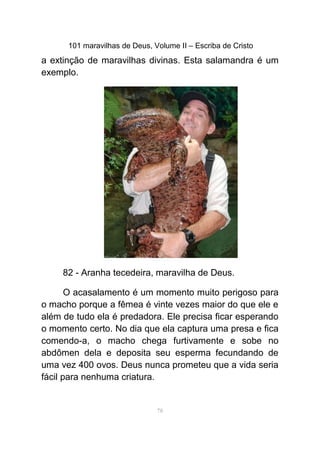 101 maravilhas de Deus, Volume II – Escriba de Cristo
a extinção de maravilhas divinas. Esta salamandra é um
exemplo.
82 - Aranha tecedeira, maravilha de Deus.
O acasalamento é um momento muito perigoso para
o macho porque a fêmea é vinte vezes maior do que ele e
além de tudo ela é predadora. Ele precisa ficar esperando
o momento certo. No dia que ela captura uma presa e fica
comendo-a, o macho chega furtivamente e sobe no
abdômen dela e deposita seu esperma fecundando de
uma vez 400 ovos. Deus nunca prometeu que a vida seria
fácil para nenhuma criatura.
78
 