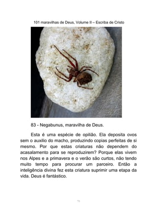 101 maravilhas de Deus, Volume II – Escriba de Cristo
83 - Negabunus, maravilha de Deus.
Esta é uma espécie de opilião. Ela deposita ovos
sem o auxilio do macho, produzindo copias perfeitas de si
mesmo. Por que estas criaturas não dependem do
acasalamento para se reproduzirem? Porque elas vivem
nos Alpes e a primavera e o verão são curtos, não tendo
muito tempo para procurar um parceiro. Então a
inteligência divina fez esta criatura suprimir uma etapa da
vida. Deus é fantástico.
79
 
